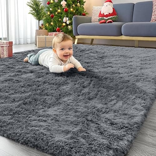 Homaxy Fluffy Shaggy Rugs Living Room, Large Anti Slip Carpet, Machine Washable Soft Thick Pile Bedside Rug for Kids Bedroom, Nursery - Dark Grey, 120 x 160 cm - Image 1