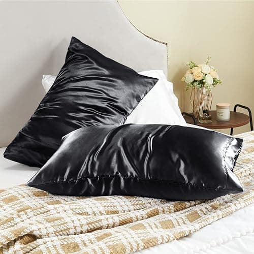 BEDELITE Satin Pillowcase for Hair and Skin, Super Soft and Cooling Similar to Silk Pillow Cases 2 Pack with Envelope Closure, Gift for Women Men(20"x26" Standard Size, Black) thumbnail 10
