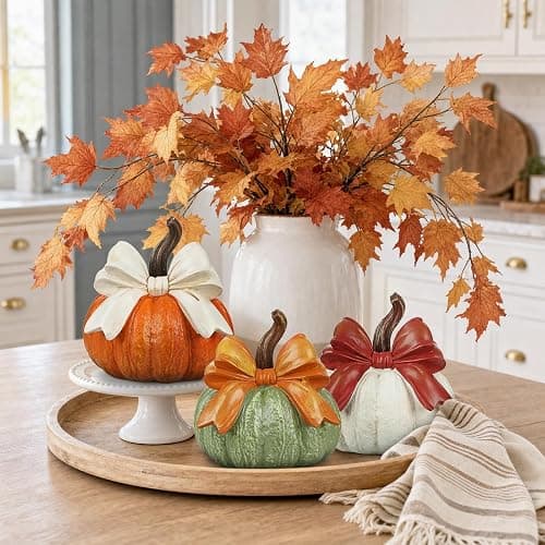 Set of 3 Fall Decorations for Home, Artificial Resin Pumpkin with Bow Decor | Fall Harvest Decorative Rustic Pumpkins Statues Indoor Outdoor Halloween Table Centerpiece Thanksgiving Home Decor thumbnail 6