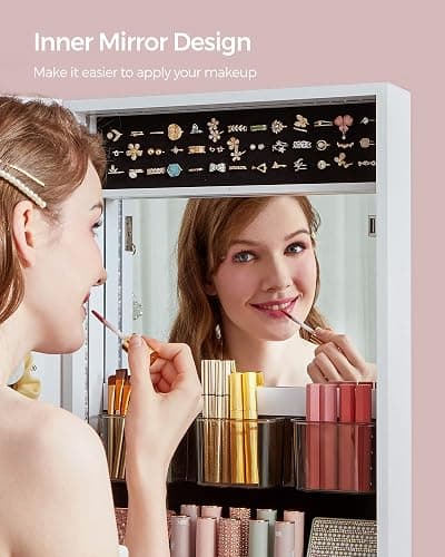 SONGMICS Mirror Jewelry Cabinet Armoire Organizer, Wall or Door Mount Storage Cabinet with Full-Length Frameless Lighted Mirror, Built-in Makeup Mirror, 2 Drawers, Lockable, White UJJC013W01 thumbnail 8