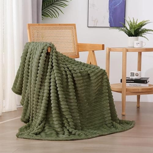 Linecooo Olive Green Fleece Throw Blanket 50”×60” for Couch Sofa Bed,Super Soft Cozy Plush Microfiber Flannel Blanket with Stripes Design Lightweight for Adults,Woman,Girls - Image 1