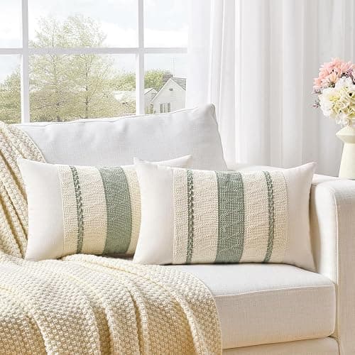 Fancy Homi Set of 1 Sage Green Boho Lumbar Decorative Throw Pillow Covers 12x20 Inch for Living Room Bedroom Couch Bed Chair, Rustic Retro Cushion Case, Bohemian Room Home Decor thumbnail 2