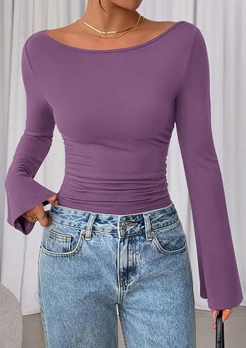 PRETTYGARDEN Women's Long Sleeve Shirts 2025 Fall Crop Going Out Tops Casual Boat Neck Bell Sleeve Ribbed Ruched Y2K Clothes thumbnail 8