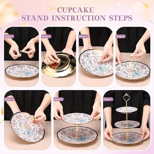 21 Pcs Porcelain Tea Set with 3 Tier Dessert Stand, Purple, Delicate | Ceramic Teapot Set with Metal Holder Cups Saucers for Adults, Floral Tea Party Set, European Tea Party Set Gift for Women thumbnail 5