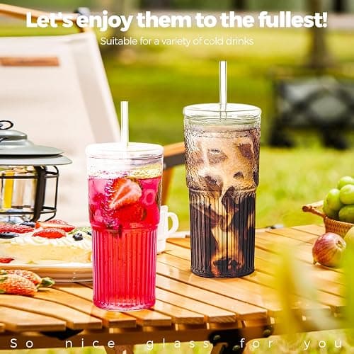 2PCS Glass Cups with Lids and Glass Straws, 20OZ Iced Coffee Cups, Home Essential and Coffee Bar Accessories Borosilicate Glass Tumblers with Lid and Straw for Beer, Cocktail, Tea and Latte, Clear thumbnail 6