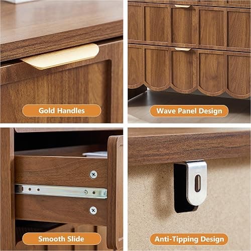 ORRD 5 Drawer Dresser for Bedroom, Modern Closet Chest of Drawers with Wave Fluted Drawer, Wood Storage Small Dresser Organizer for Nursery Bedroom Living Room Hallway Closet (Walnut) thumbnail 4
