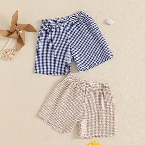 Doisbetthsay 2 Pack Toddler Shorts Boys Girls Elastic Waist Solid Color Gingham Stripe Shorts Bottoms Summer thumbnail 4