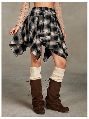 Verdusa Women's Y2k Goth Grunge Plaid Skirts Tie Vintage Asymmetrical Flowy Pleated Mini Skater Skirt thumbnail 4