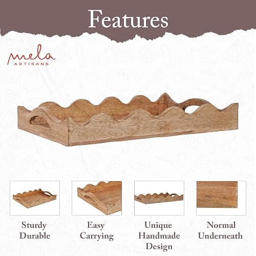 Mela Artisans Ottoman Wooden Serving Tray | Medium, Scallop White Burnt | Decorative Mango Wood | Serve Breakfast, Other Foods, Coffee and Tea | Rustic Home Decor | 14" x 10” x 2.5” thumbnail 4