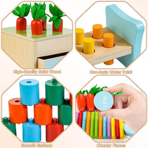 WOODMAM Wooden Montessori Toys for 1+ Year Old, 9 in 1 Learning Educational Toys for Toddler with Educational Box, Xylophone, Pound Bench, Shape Puzzle and More, Baby Toy Gift for 12-18 Months thumbnail 7