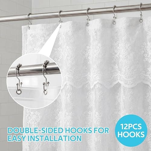Nesphy Lace Shower Curtain with Liner Set, White 3-in-1 Shower Curtain with Attached Valance, Floral Vintage Sheer Scalloped French Country Bathroom Decor, Includes 12 Stainless Steel Hooks, 72 x 72 thumbnail 3