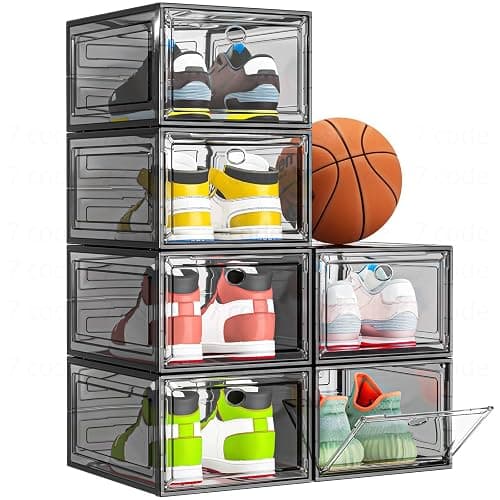7 code Thicken & Sturdy Clear Shoe Storage Organizer with Magnetic Door, Stackable Boxes for Closet, Foldable Shoe Rack for Sneaker Boot Container, Plastic Shoe Cabinet Shoe Box 6 Pack, Black - Image 1