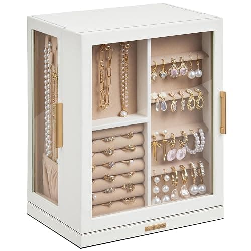 Glimmloop 360° Rotating Jewelry Box with 5 Drawers, Spacious Vertical Jewelry Organizer with Glass Window, Jewelry Storage Case, Dustproof & Moisture-resistant Design, White - Image 1