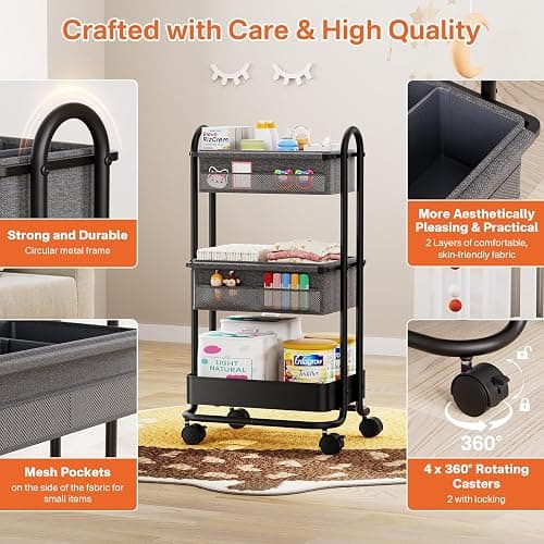 Baby Diaper Caddy Organizer Cart - 3 Tier Rolling Storage Cart with Wheels, Baby Essentials for Nursery Storage, Detachable Dividers - for Crib, Bedroom, Art & Craft Organizer (Dark Grey) thumbnail 4