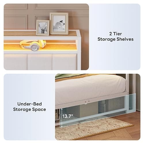 LIKIMIO Full Corner Bed Frame with Storage Drawers, LED, Charging, White | Smart LED & Charging Station, Ample Underbed Storage, Space-Saving Corner Design thumbnail 8