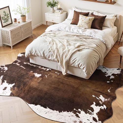 DweIke Faux Cowhide Print Rug for Living Room, 4.6 x 5.2 ft Dark Brown Western Animal Cow Hide Rugs, Non Slip Cool Cow Skin Carpet for Bedroom Dining Room Farmhouse Entrance Home Decor thumbnail 5