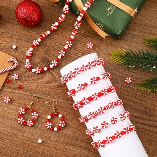 UPINS 1500Pcs Christmas Red and White Beads for Jewelry Making Xmas Candy Polymer Clay Beads for Holiday Necklace Bracelet Earring Craft and Christmas Tree Ornaments thumbnail 4