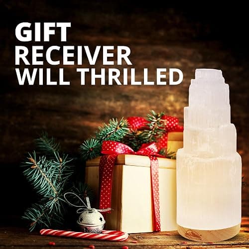 Himalayan Glow Selenite Crystal Lamp 20cm, Hand Curved Morocco |Skyscraper| Crystals and Healing Stones,(ETL Certified) with Wooden Base & USB Charging Cable For Healing Cleansing & Meditation thumbnail 10