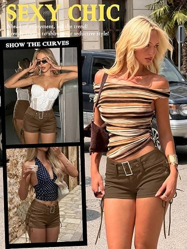 ELLEVEN Women's Lace-Up Side Faux Leather Micro Shorts | Lace Up Side,Low Waist,Buckle Belt,Low Rise,Y2k,Sexy,Skinny,Lounge,Casual,Mini Shorts for Women,Going Out,Club,Rave Outfits thumbnail 6