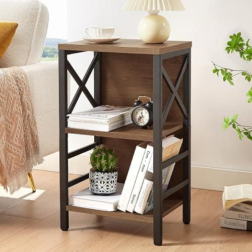 MNEETRUNG Small Bookshelf,3 Tier Industrial Bookcase with Metal Frame and Backboard,Low Rustic Brown Book Shelf,Book case for Small Spaces,Living Room,Bedroom and Home Office thumbnail 2