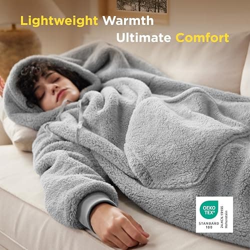 Bedsure Wearable Blanket Hoodie for Women Mom, Christmas Gifts for Men Dad, Giant Long Shaggy Sherpa Oversized Hooded Blanket thumbnail 4