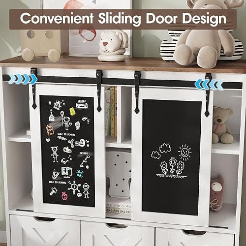 Vabches Toy Storage Organizer with Sliding Chalkboard, Kids Bookshelf and Bookcase with 3 Movable Drawers & 5 Storage Cubbies, Multifunctional Storage Cabinet Toy Chest for Playroom,Nursery, Kids Room thumbnail 5