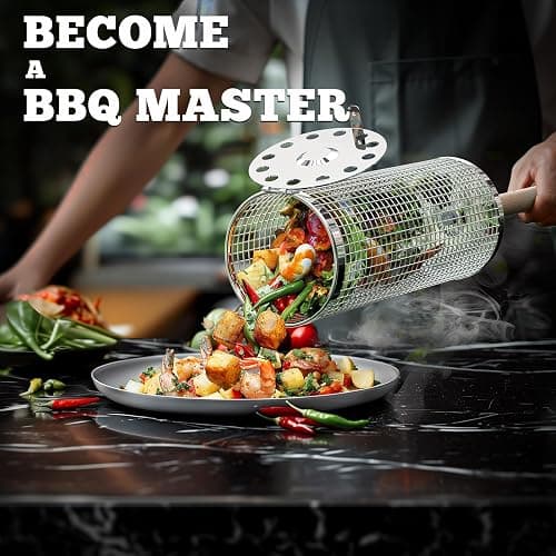 ivtivfu Rolling Grill Basket, Removable Wooden Handle, 304 Stainless Steel, Nesting BBQ Tools, Smoker Grilling Accessories for Vegetable, Outdoor Cooking Camping, Birthday Gifts for Men Dad Husband thumbnail 4