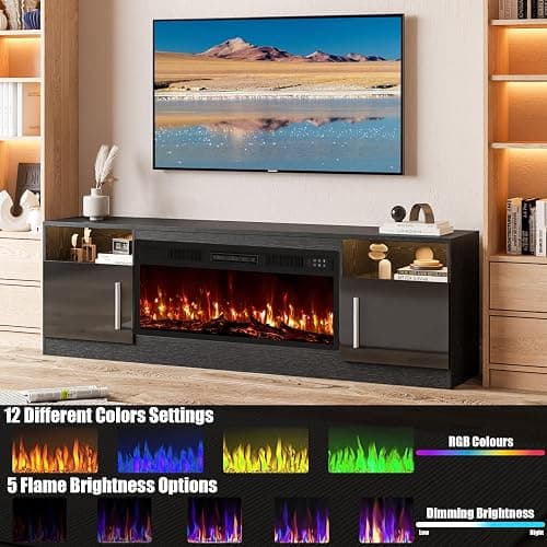 VITESSE Fireplace with TV Stand 36" inch Electric Fireplace Up to 80" TVs, LED Light Entertainment Center, 70" Modern Wood High Gloss with Highlight Storage Cabinet for Living Room (Black) thumbnail 6
