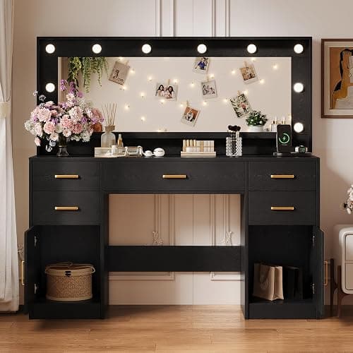 TOKSOM 44.8" Large Vanity Desk with Lighted Mirror & Power Outlet, Black Makeup Vanity Desk with Mirror and Lights, Black Vanity Table with 5 Drawers and 2 Cabinets, Dressing Table for Bedroom thumbnail 8