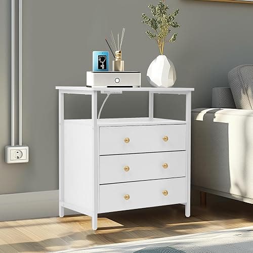 Edbuosy 3 Wooden Drawers Night Stand, 27 Inch Wide Nightstand with Charging Station and Adjustable Drawers, Small Dresser for Closet, Bedside Table for Living Room/Bedroom/Office, White. thumbnail 8