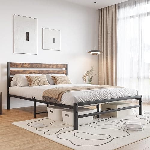 FHUKMZOI Brown Queen Size Bed Frame with Headboard, Rustic Vintage Heavy Duty Metal Bedframe, Platform Bed Support Mattress Foundation, No Box Spring Needed (Brown, Queen) thumbnail 3