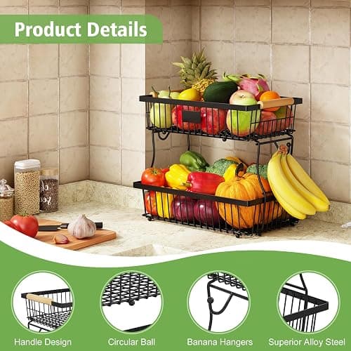 Astrorhine 2 Tier Fruit Basket for Kitchen Counter with 2 Banana Hangers, Countertop Metal Bread Basket with Wooden Handle, Large Storage Stand for Vegetables, Snacks, Eggs, Produce Storage – Black thumbnail 5