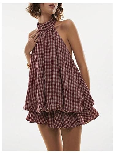 SOLY HUX Women's Plaid Halter Mini Dress Ruffle Bubble Hem Going Out Dress | Gingham Dress, Y2k Dresses, Backless Dress, Tie Back, Sleeveless, Mini Dress with Shorts thumbnail 4