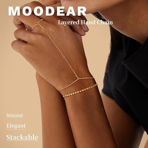 Moodear Gold Hand Chain Bracelet for Women | 14K Gold Plated Hand Chains, Layered Adjustable Satellite Bead Link Ring Bracelets, Hypoallergenic Trendy Jewelry Gift thumbnail 2