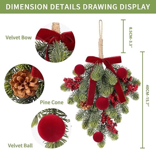 Super Holiday Christmas Decorations, 2PCS Artificial Green Plant Front Door Wreaths Hanging Decoration with Velvet Bow/Ball/Berry, for Winter Home Indoor Outdoor Wall Holiday Decor.(Burgundy) thumbnail 3