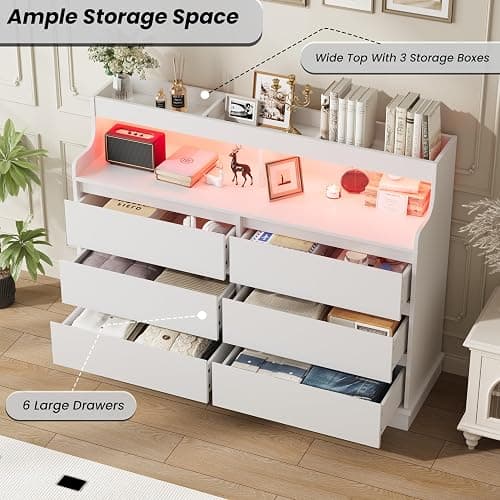 Dresser for Bedroom, 6 Drawer Dresser with LED Lights and Charging Station, Wide Chest of 6 Drawers with Open Space, Modern Large Capacity Storage Cabinet, Living Room, Hallway, White - White thumbnail 9