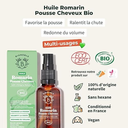 BIONOBLE Huile de Romarin pour Cheveux Bio - Favorise la Pousse et Ralentit la Chute - Huile Romarin Cheveux, Ricin, Argan, Jojoba - Rosemary Oil for Hair Growth - Flacon Verre, Pipette, Pompe - 50ml thumbnail 2