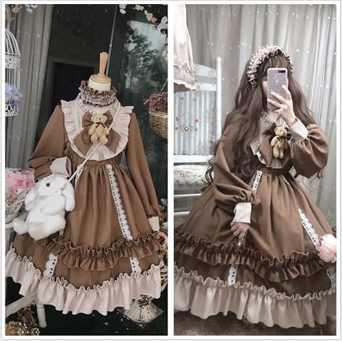 GYATSOCYG Girls Lolita Princess Dress Kawaii Long Sleeve Chiffon Skirt Cute Girl Dress Brown thumbnail 7