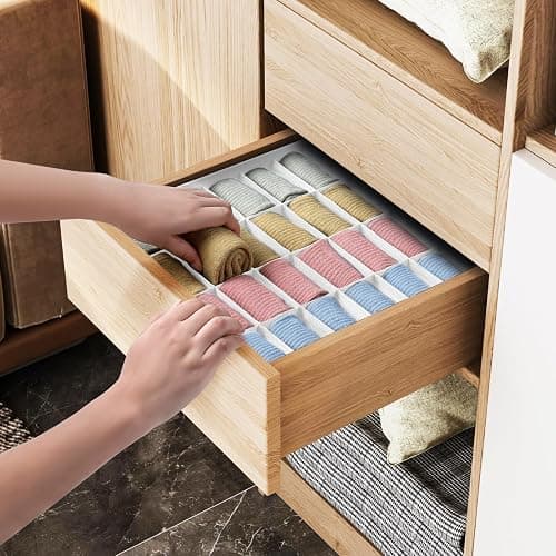 DIMJ Sock Organizer - Drawer Organiser & Closet Organiser - 2 Pack - 48 Cells - Collapsible Storage, Holders for Socks, Ties, Belts (White) thumbnail 7