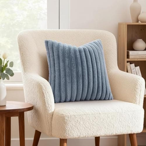 decorUhome Fall Cozy Faux Fur Throw Pillow Covers 16x16 Set of 2 Decorative Soft Plush Striped Modern Farmhouse Boho Couch Pillow Cases with Velvet Back for Sofa Bed Living Room, Grey Blue thumbnail 4