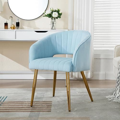 Homedraft Velvet Vanity Chair, Modern Home Office Desk Chair with Hollow Back, Upholstered Dining Chair with Gold Metal Legs, Comfy Accent Chair for Living Room Bedroom, Light Blue thumbnail 2