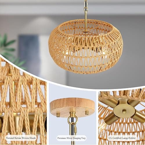 CGXRDK Rattan 4-Lights 17.3-Inch Chandeliers for Dining Room, Elegant Dining Room Light Fixture, Stylish Pendant Lights Kitchen Island thumbnail 5