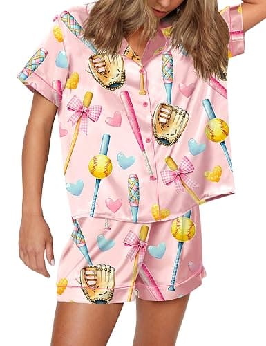 SHESHOW Pajamas for Women Set Satin Button Down Short Sleeve Top and Shorts Pjs Sets Sport Ball Print Sleepwear XS-XXL - Image 1