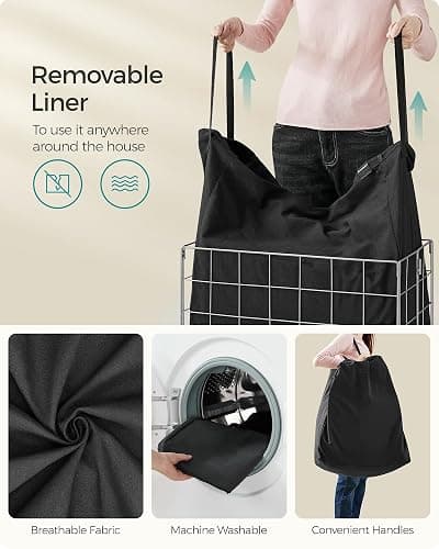 SONGMICS 29 Gal. (110L) Laundry Basket, Laundry Hamper, Collapsible Clothes Hamper, Removable and Washable Liner, Metal Wire Frame, for Bedroom Bathroom, Silver and Classic Black ULCB111B01 thumbnail 6