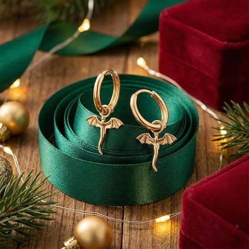 Gold Tiny Dragon Huggie Small Hoop Earrings with Charm, Personalized Animal Drop Dangle Jewelry for Women, Minimalist Gothic Punk Style Accessory and Birthday Present thumbnail 5