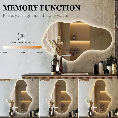 Irregular LED Bathroom Mirror with Lights, Backlit Vanity Mirror for Wall | Asymmetrical Wall Mirror, 3 Color Dimmable, Smart Anti-Fog, Wavy Decorative Mirror for Bathroom, Entryway(22″ x 36″, 1 Pack) thumbnail 5