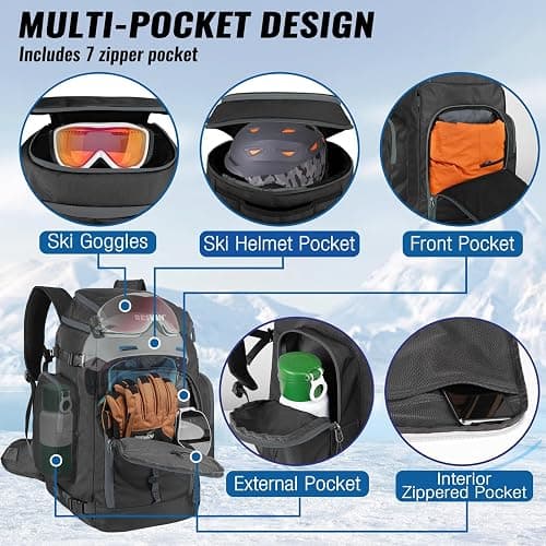 RESVIN Ski Boot Bag, 65L Durable Travel Backpack, 1680D Nylon Waterproof Snowboard Boot Bag, Skiing and Snowboarding Travel Luggage for Helmet, Goggles, Gloves, Outerwear & Accessories thumbnail 3