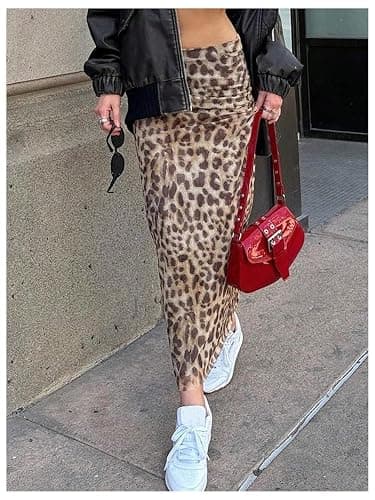 BEAUDRM Women's Y2K Leopard Print Skirts Ruched Side Slit Maxi Skirt Mesh Sheer High Waisted Long Skirt Cheetah Bodycon Skirt thumbnail 6