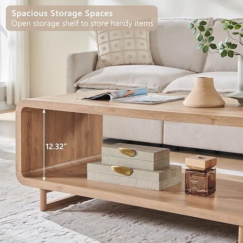 IFGET 48" Modern Coffee Table, 2-Tier Minimalist Center Table with Storage Shelf, Curved Profile Design, Wooden Rectangular Living Room Table w/Wood Thick Design for Living Room, Office, Natural Oak thumbnail 5