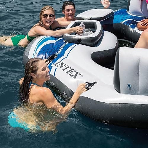Intex Blue Tropic Inflatable 5 Person Raft or Swimming Pool Island Water Floating Lounger Raft with Backrests, Built in Cooler, and 4 Cupholders thumbnail 8
